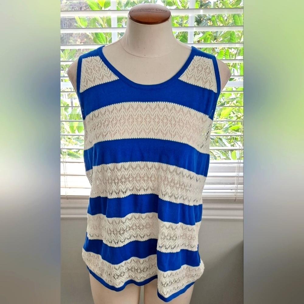 L.A.M.B. Blue & White Striped Cotton Pointelle Tank Top Sz L NWT